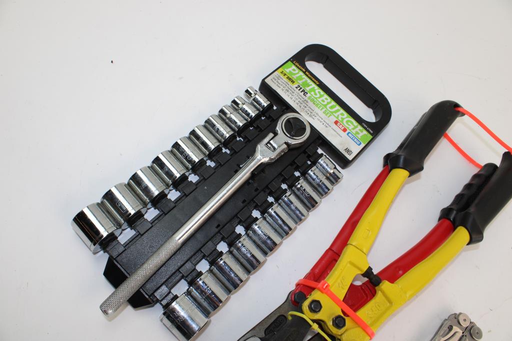 Pittsburgh Socket Set, Leatherman Wave Multitool, & Bolt Cutters; 4