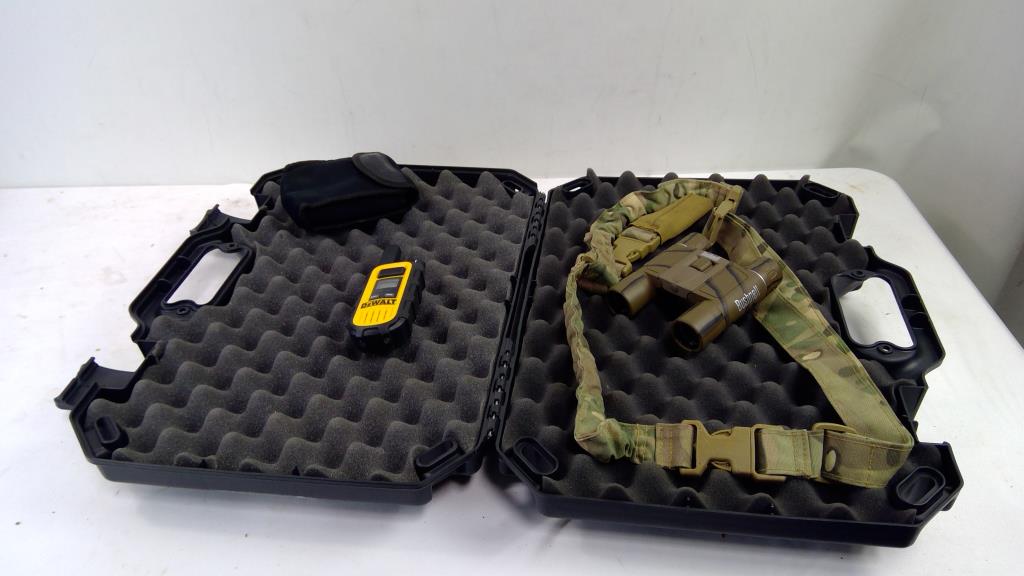 Plano Hard Case, Bushnell 10x25 Binoculars, Dewalt Walkie Talkie, Camo Strap, 4 Pieces