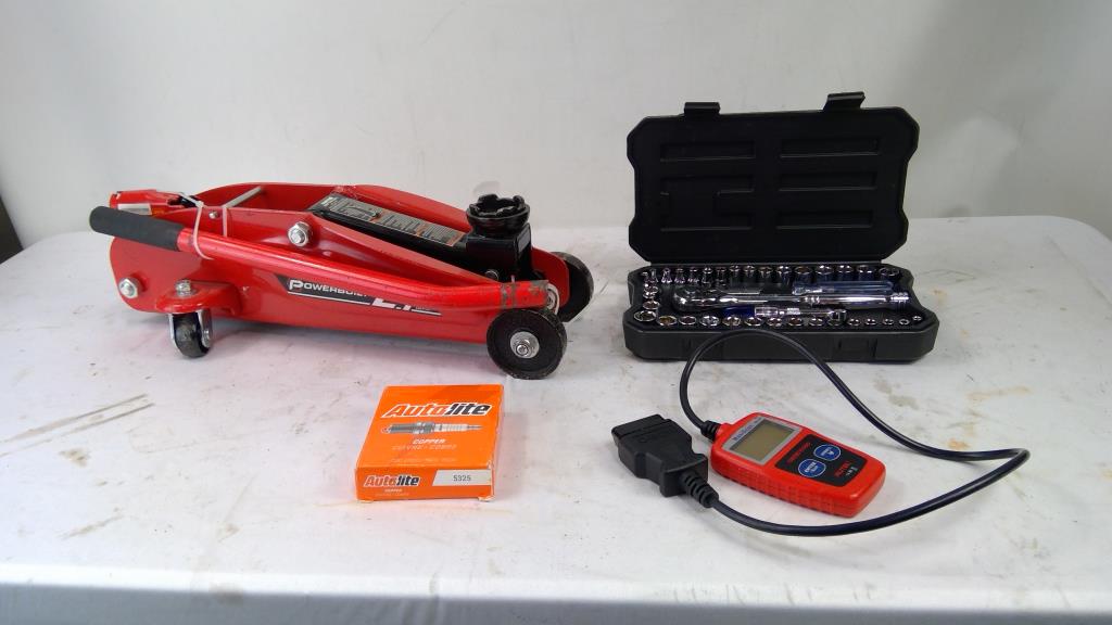 Powerbuilt 2-Ton Floor Jack, Workpro Socket Set, Spark Plug, OBD2 Scanner, 4 Pieces