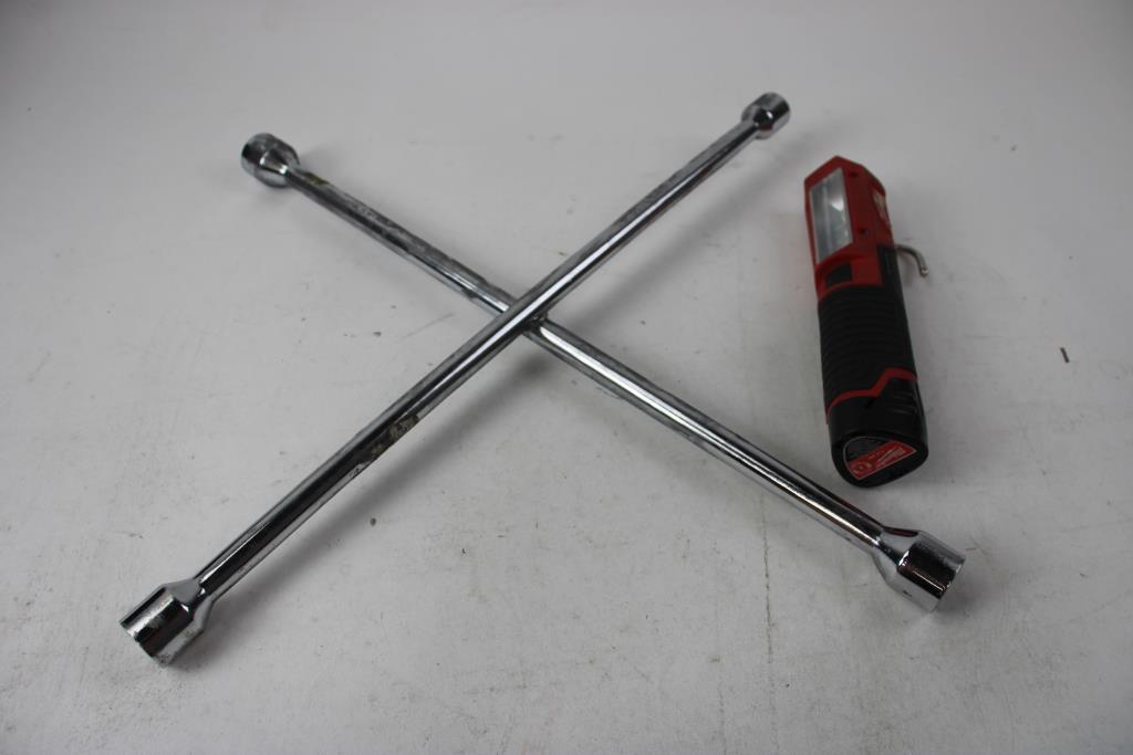 Powerbuilt 6 Ton Bottle Jack, Milwaukee LED Sticklight, And Tire Irons, 4 Pieces