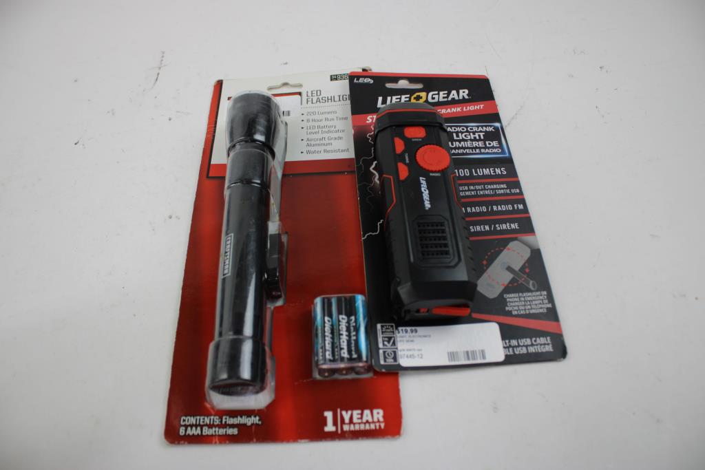 Radio Crank Light, Flashlight, Corded LED Work Light, And LED Ceiling Light, 4 Pieces