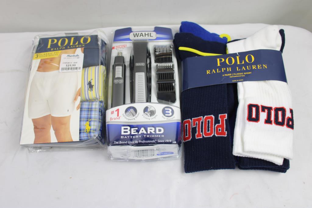 Ralph Lauren Socks, Boxers, Sweater, Tees, Sizes Med-Lg, 5 Pieces With Beard Trimmer