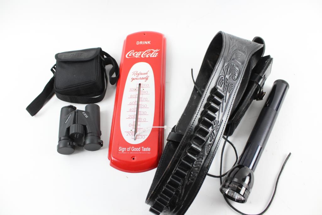 REI Binoculars,Leather Gun Belt And Holster, MagLite Flashlight