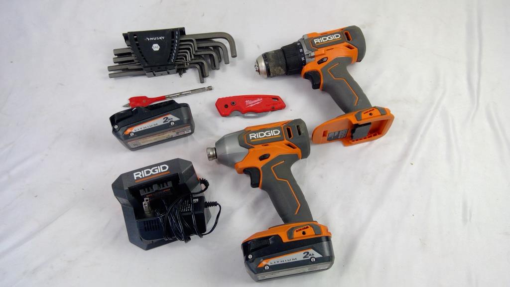 Ridgid 1/2" Drill, Impact Driver, Charger, Batterys, Husky