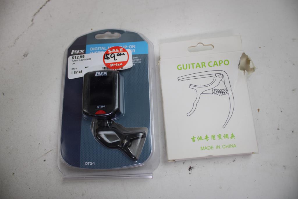 Rockville Studio Headphones, Guitar Capo, Lux Mini Slip-On Instrument Tuner, 3 Pieces