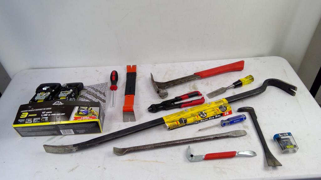 Roughneck 36" Pry Bar, Everest Tie Down 3-Pack, And More Tools, 12 Pieces