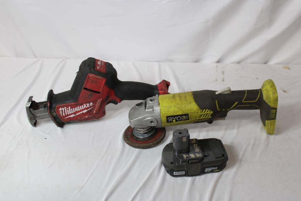 Ryobi Angle Grinder, Milwaukee Hackzall Reciprocating Saw, 2 Pieces