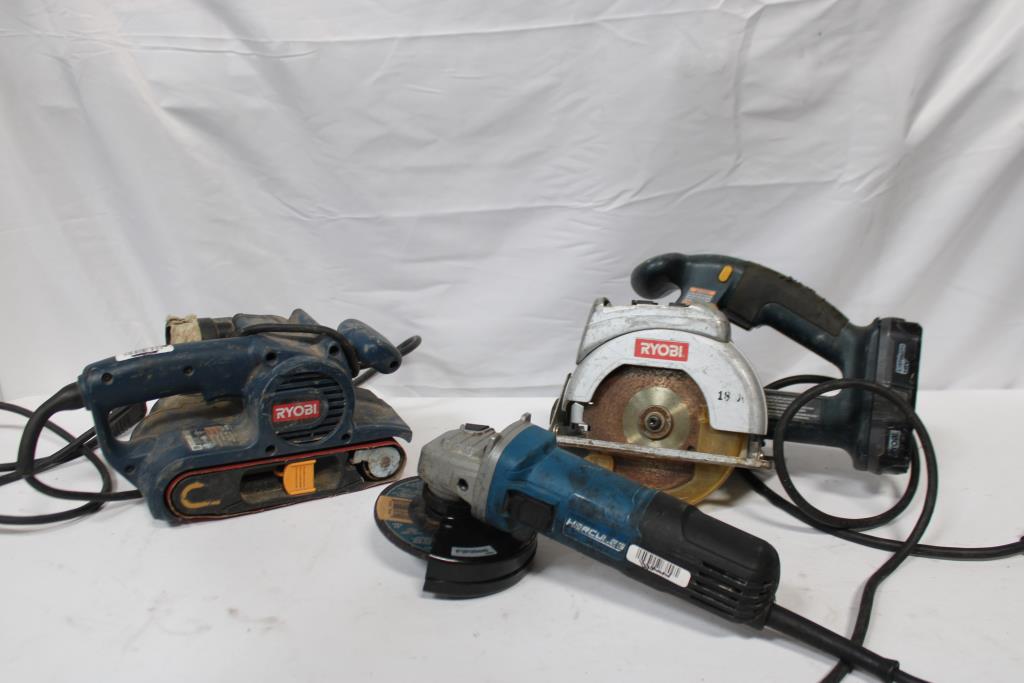 Ryobi Circular Saw, Ryobi Corded Electric Belt Sander Power Tool, & Hercules Angle Grinder 3 Pieces