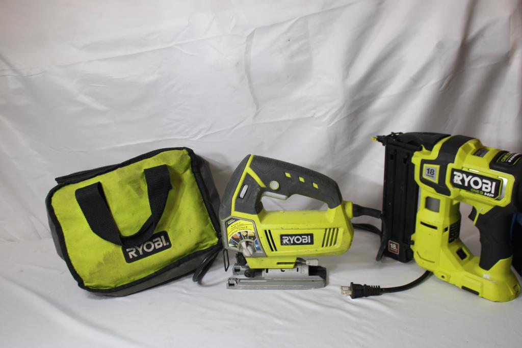Ryobi One+ 18V 18 Gauge Cordless Airstrike Brad Nailer & Ryobi Corded Variable Speed Orbital Jig Saw