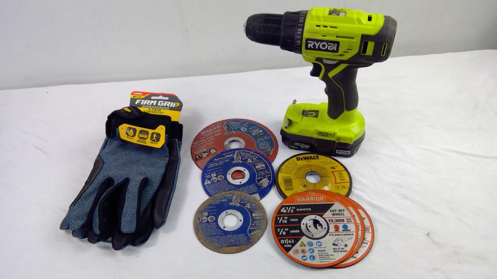 Ryobi One+ Drill Driver, Dewalt, Diablo Grinding Wheels, And Working Gloves, 10 Pieces