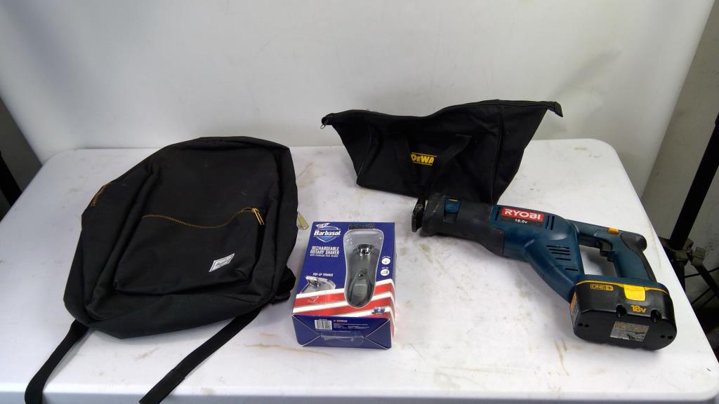 Ryobi Reciprocating Saw, Barbasol Shaver, Dewalt Tool Bag, Herschel Backpack, 4 Pieces