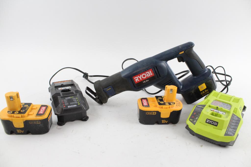 Ryobi Reciprocating Saw, Batteries, Chargers, 5 Pieces Property Room