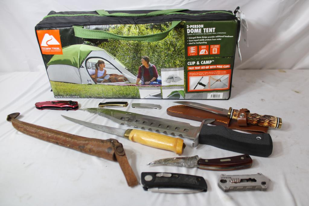 Schrade, Ruko, And Other Knives/Blades, 10 Pieces With Ozark Trail 3-Person Dome Tent