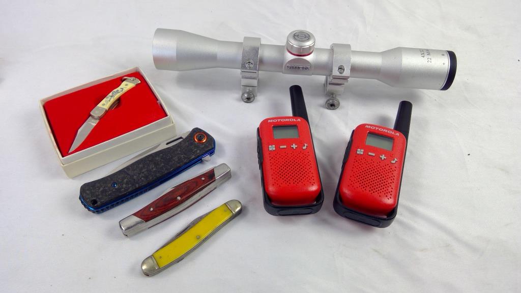 Scope, Misc Knives, Motorola Walkie Talkies,