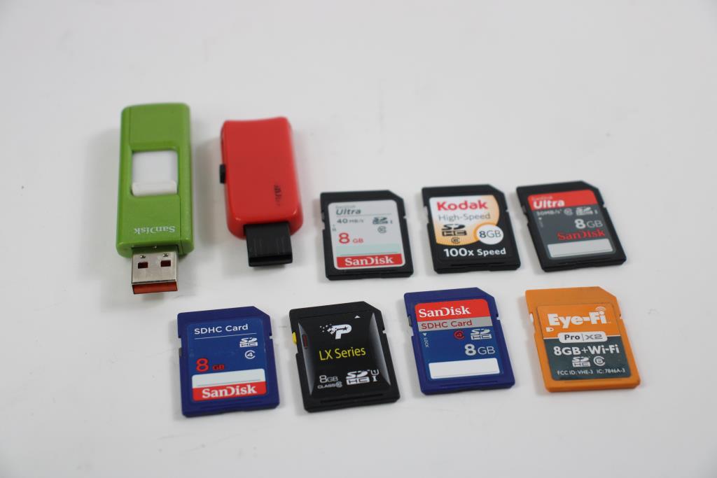 SD, MicroSD, And USB Thumb Drives, 8GB, Lot Of 14 Property Room