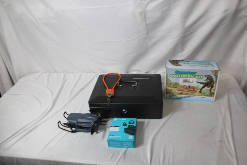 Seerootoys Dino Egg Dig Kit, Wierless Earbuds, Drone, SentrySafe Cash Drawer, 4 Pieces