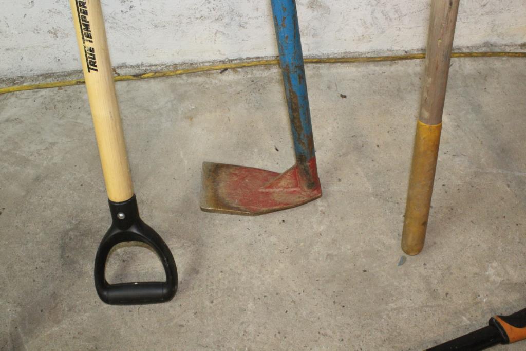 Shovels, Bow Rake, Axe And Other Tools, 8 Pieces Property Room
