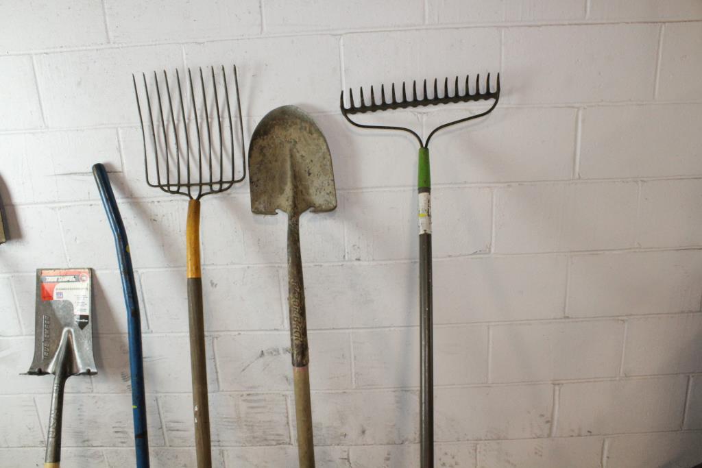 Shovels, Bow Rake, Axe And Other Tools, 8 Pieces Property Room