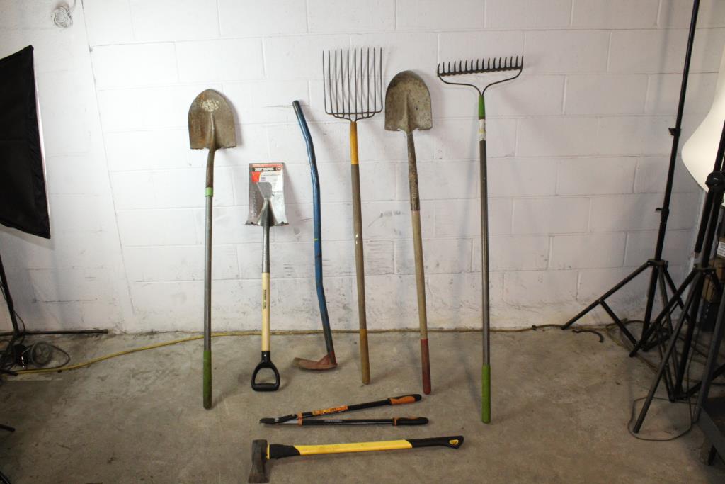 Shovels, Bow Rake, Axe And Other Tools, 8 Pieces Property Room
