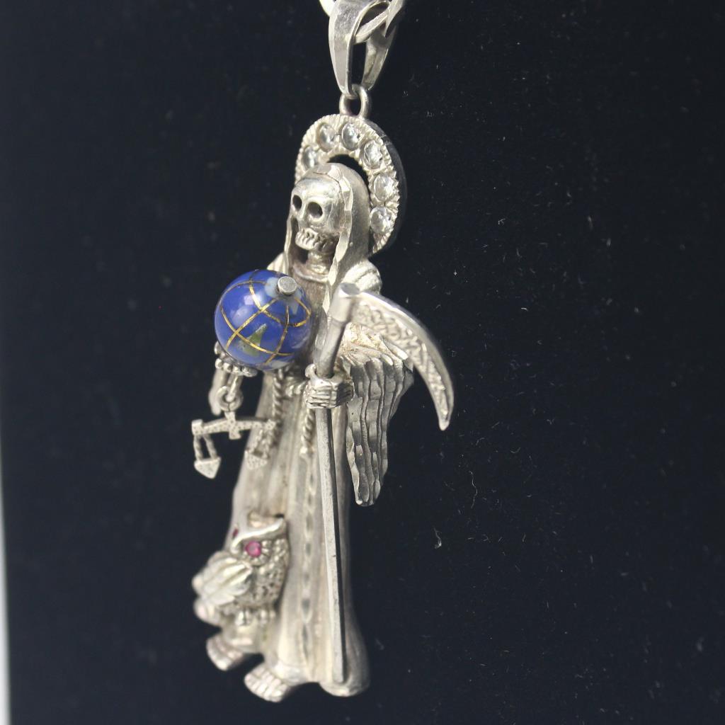 Silver 51 7g La Santa Muerte Pendant On Figaro Chain Necklace Silver 51 7g La Santa Muerte Pendant On Figaro Chain Necklace