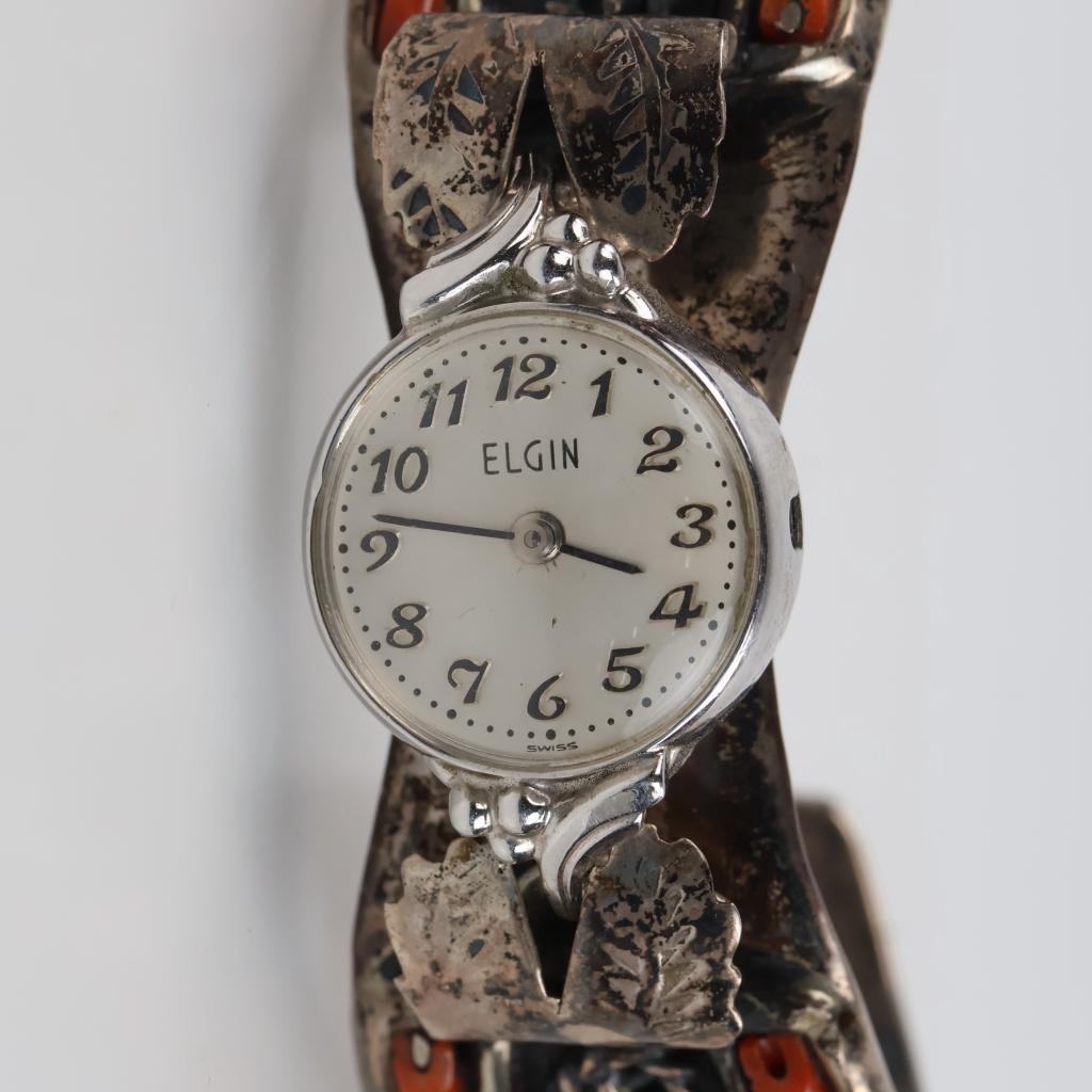 Silver Cuff Coral Accent With Elgin Watch