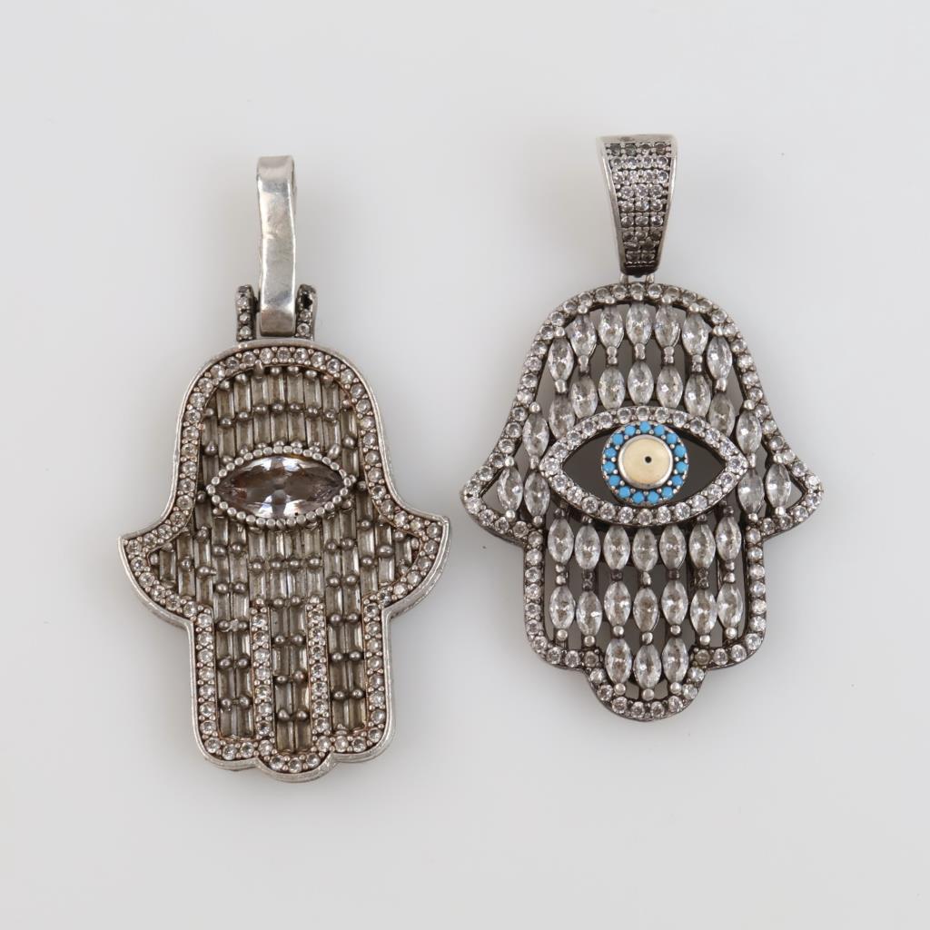 Silver Hamsa Hand Clear Stones Pendant, 2 Pieces
