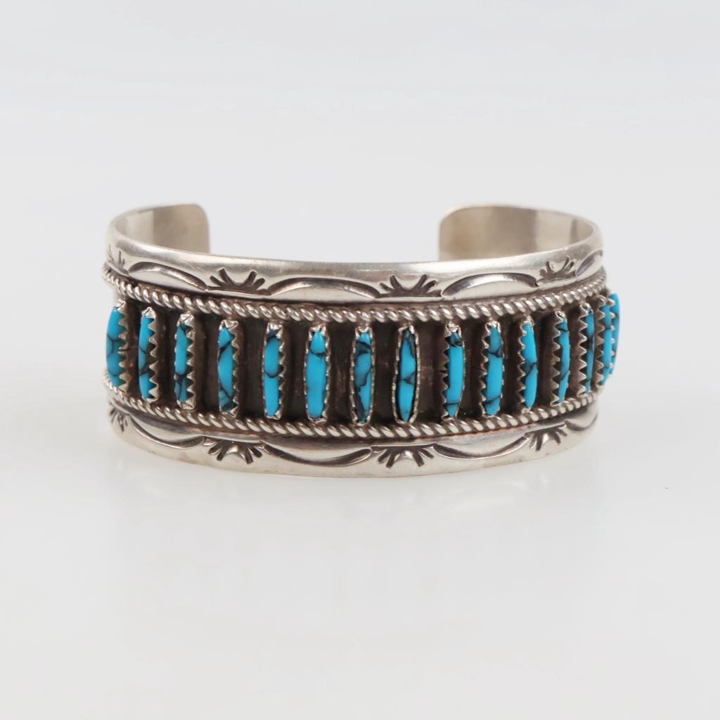 Silver Needlepoint Blue Stone Stamped Cuff
