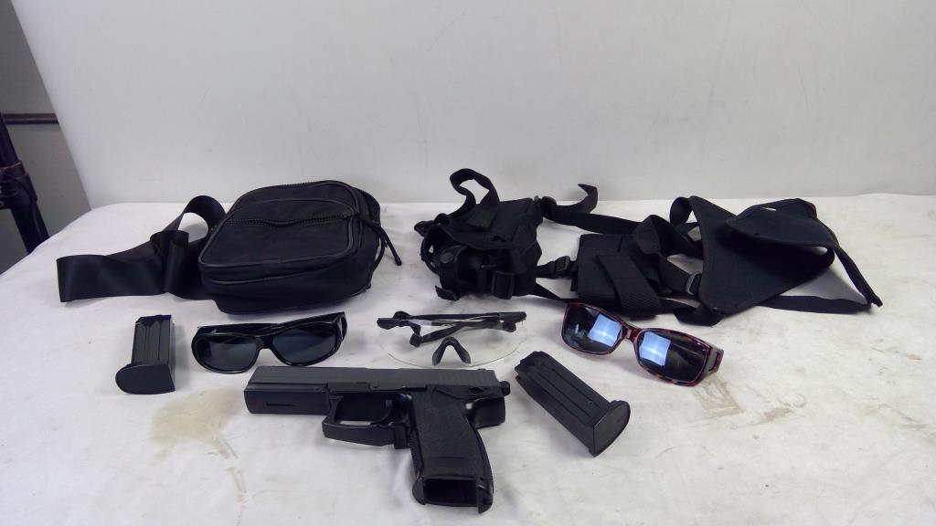 Sling Bag, Fitover Sunglasses, Safety Glasses, BB Gun, And Gun Holster, 6 Pieces