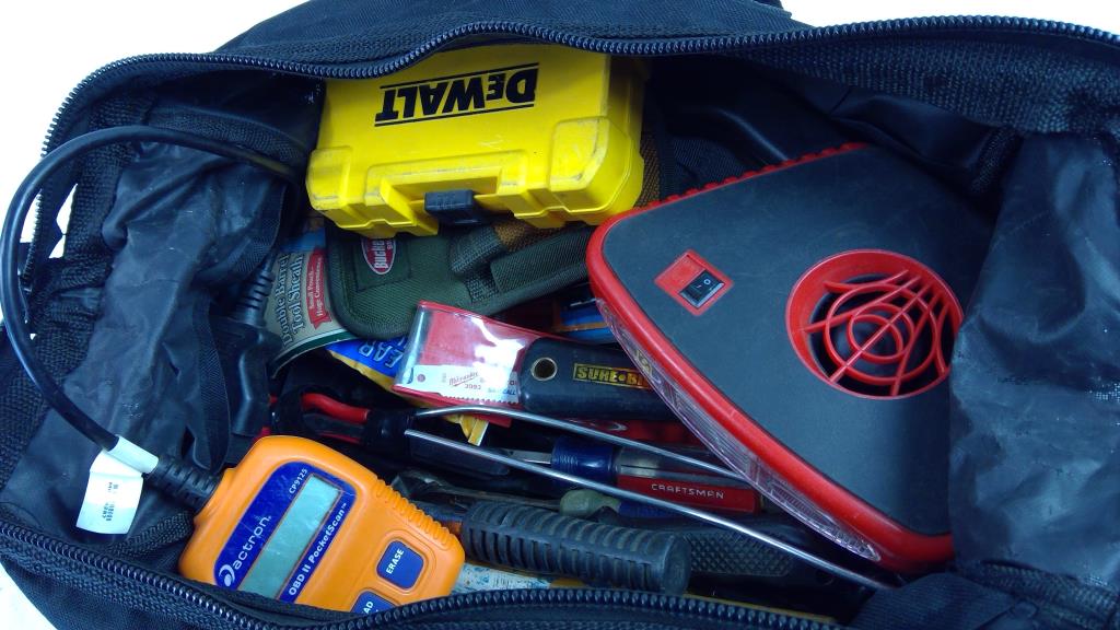 SmittyBilt Tool Bag With Surebilt Chisel, Actron OBD II PocketScan, And More Tools