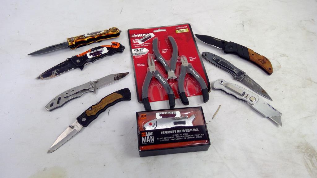 Snake Eye, Tac-Force, And More Knives, 7 Pieces With Husky Plier Set And Multitool