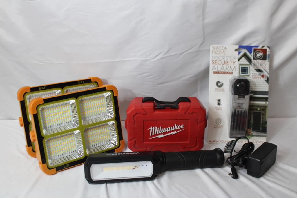 Solar Floodlights, Door Stop Alarm, Husky Work Light, Milwaukee Hole Saw Kit, 5 Pieces