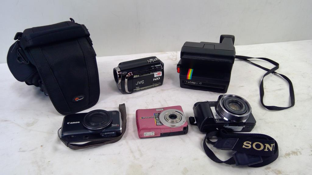 Sony, Canon, Polaroid Digital Cameras, JVC Camcorder, Polaroid 600 Land Camera, 5 Pieces
