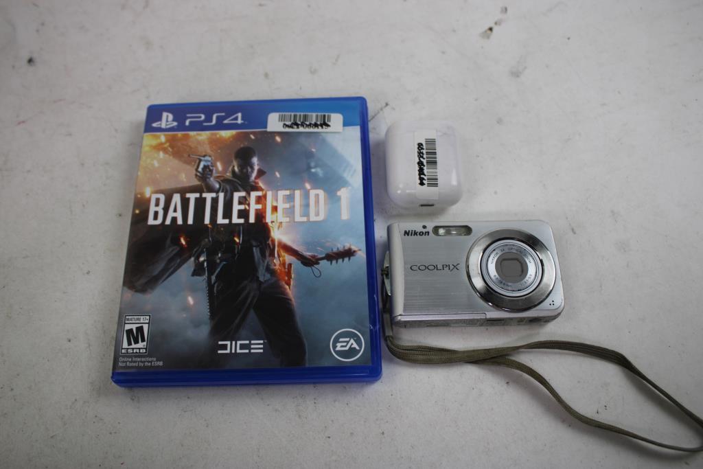 Sony Playstation 4 Battlefield Game, Earbuds, Nikon Coolpix Camera, 3 Pieces