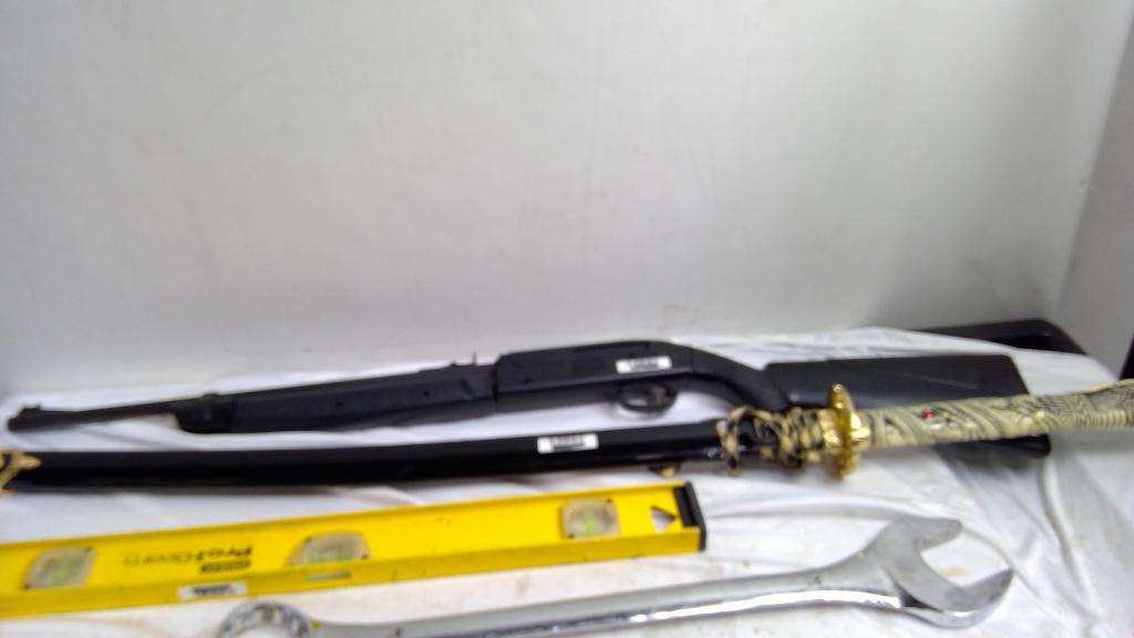 Stanley Pro I-Beam Level, Samurai Sword, Crosman Air Rifle, 2" Combination Wrench, 4 Pieces