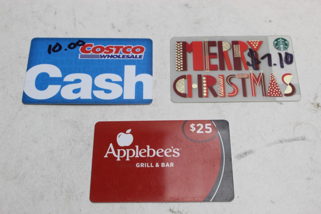 Starbucks, Costco, Applebees Gift Cards 3 Pieces Property Room