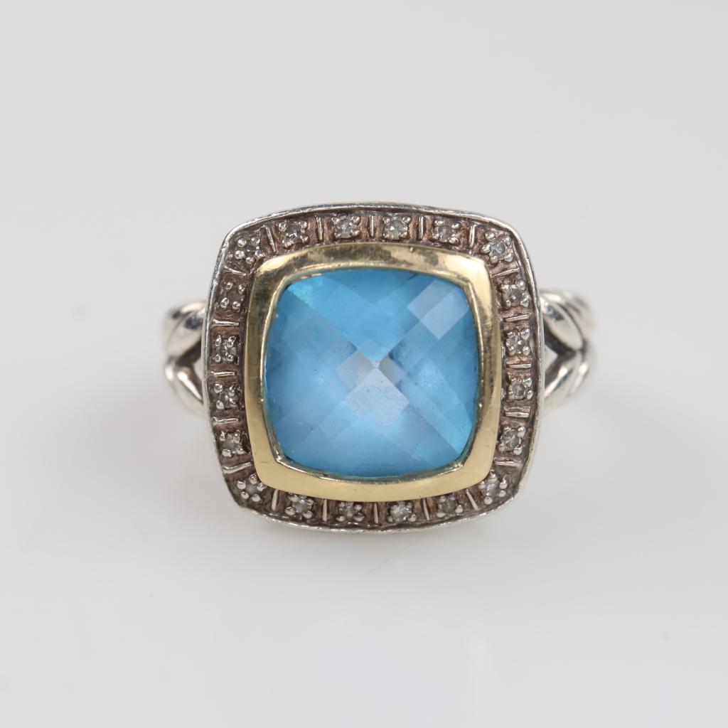 Sterling Silver 14kt Gold Accent Blue Stone Diamond Ring