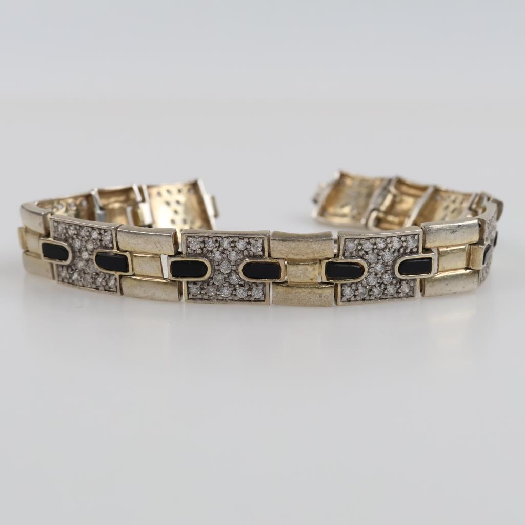 Sterling Silver Black Stone Clear Stone Accent Panel Link Bracelet