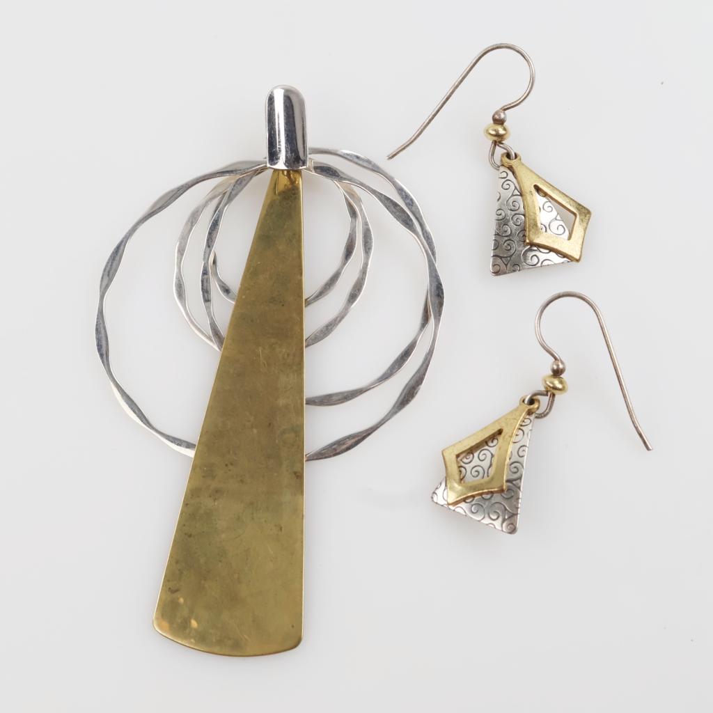 Sterling Silver Brass Accent Jewelry, 3 Pieces