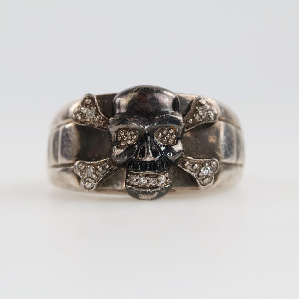 Sterling Silver Clear Stone Accent Skull Ring