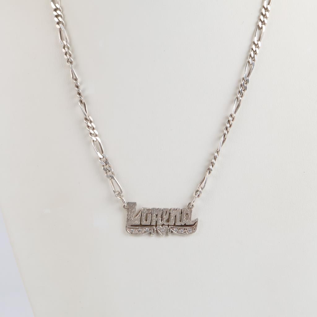 Sterling Silver Clear Stone Figaro Chain Name Plate Necklace