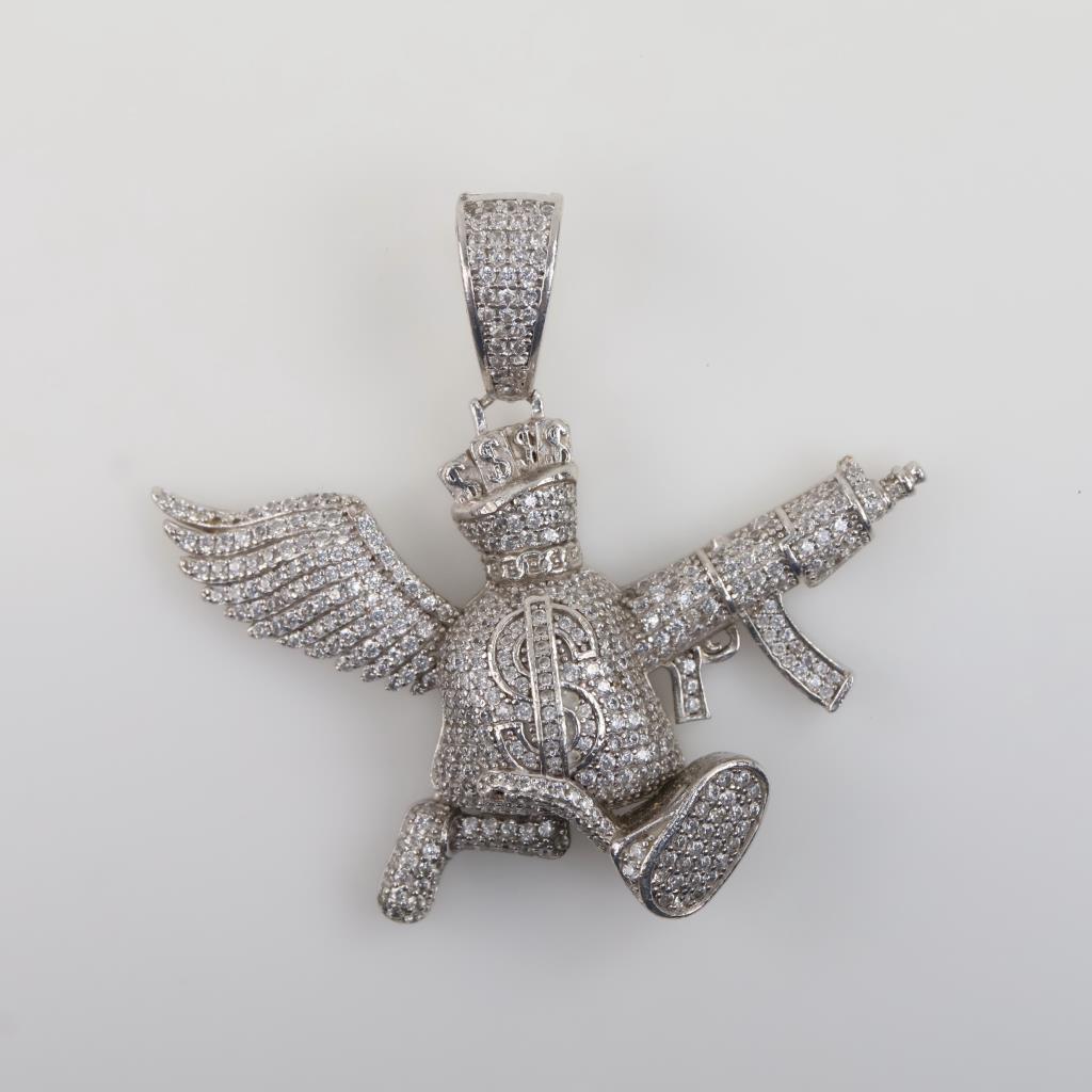 Sterling Silver Clear Stone Money Bag Pendant