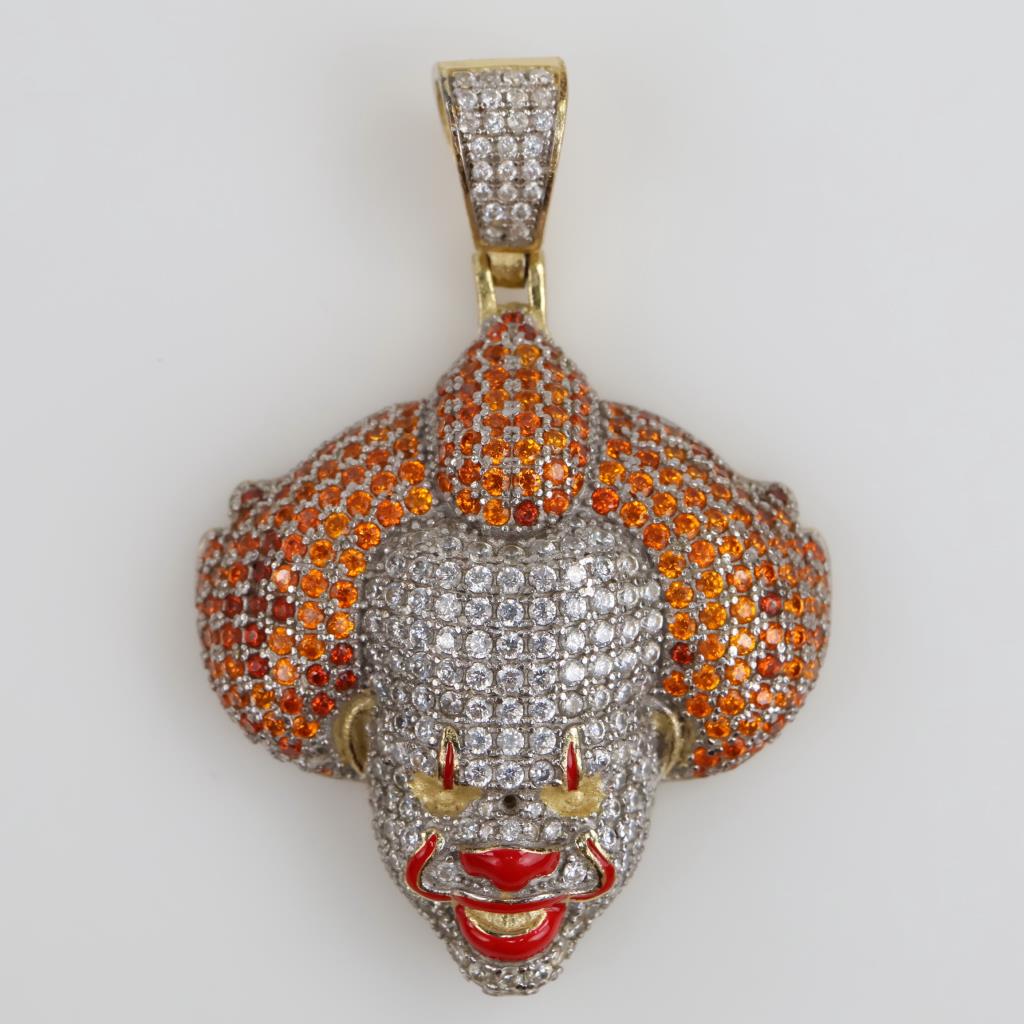 Sterling Silver Clear Stone Orange Stone Encrusted Red Enamel Accent Hollow Pennywise Pendant