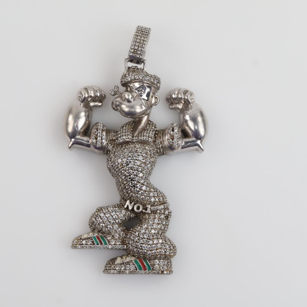 Sterling Silver Clear Stone Popeye The Sailor Man Pendant