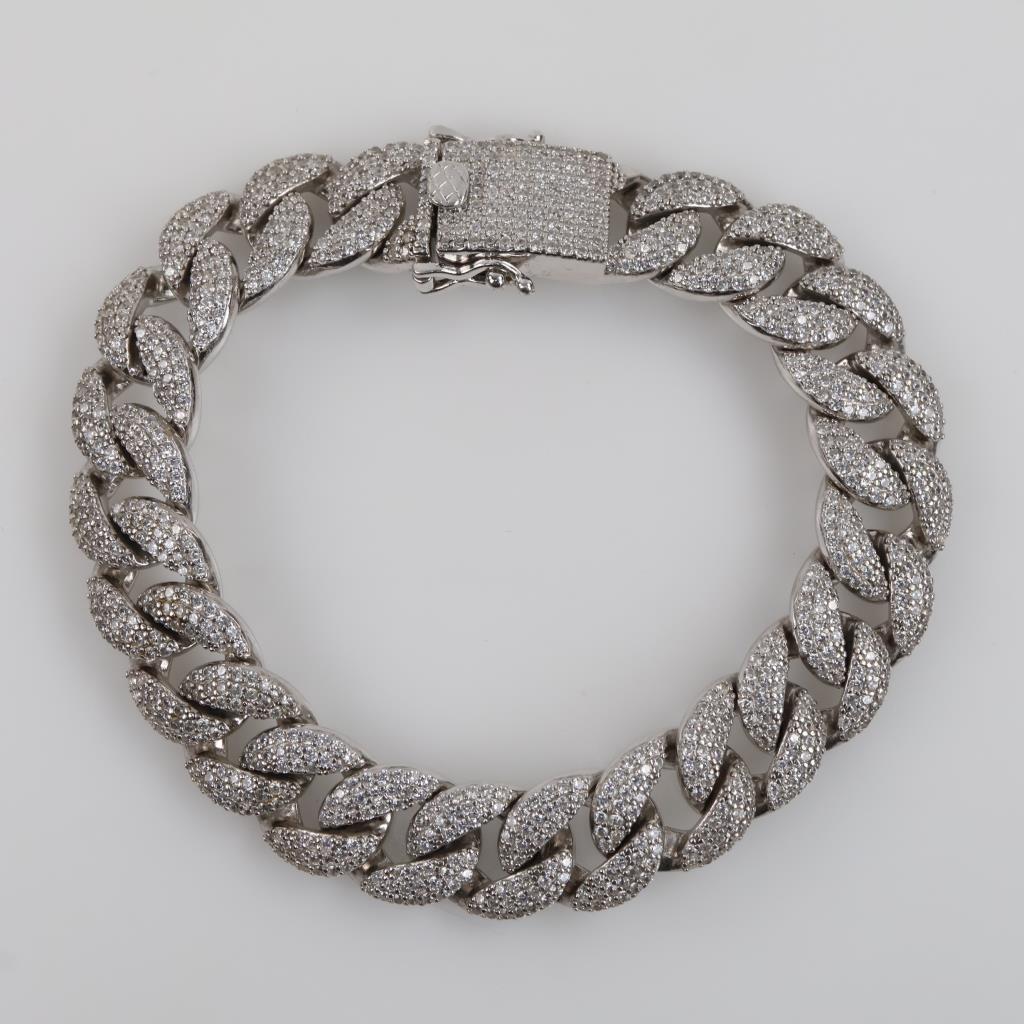 Sterling Silver Cubic Zirconia Wide Curb Link Bracelet