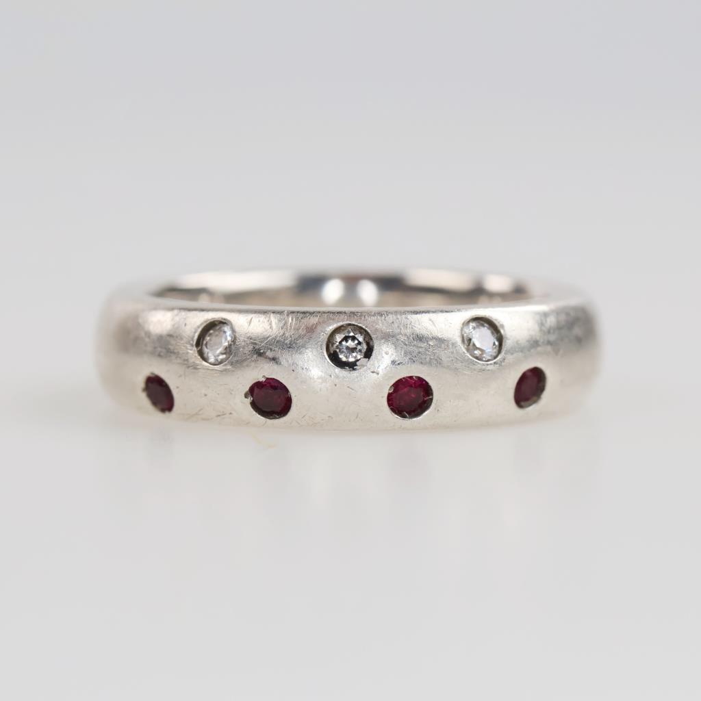 Sterling Silver Diamond And Red Stone Ring