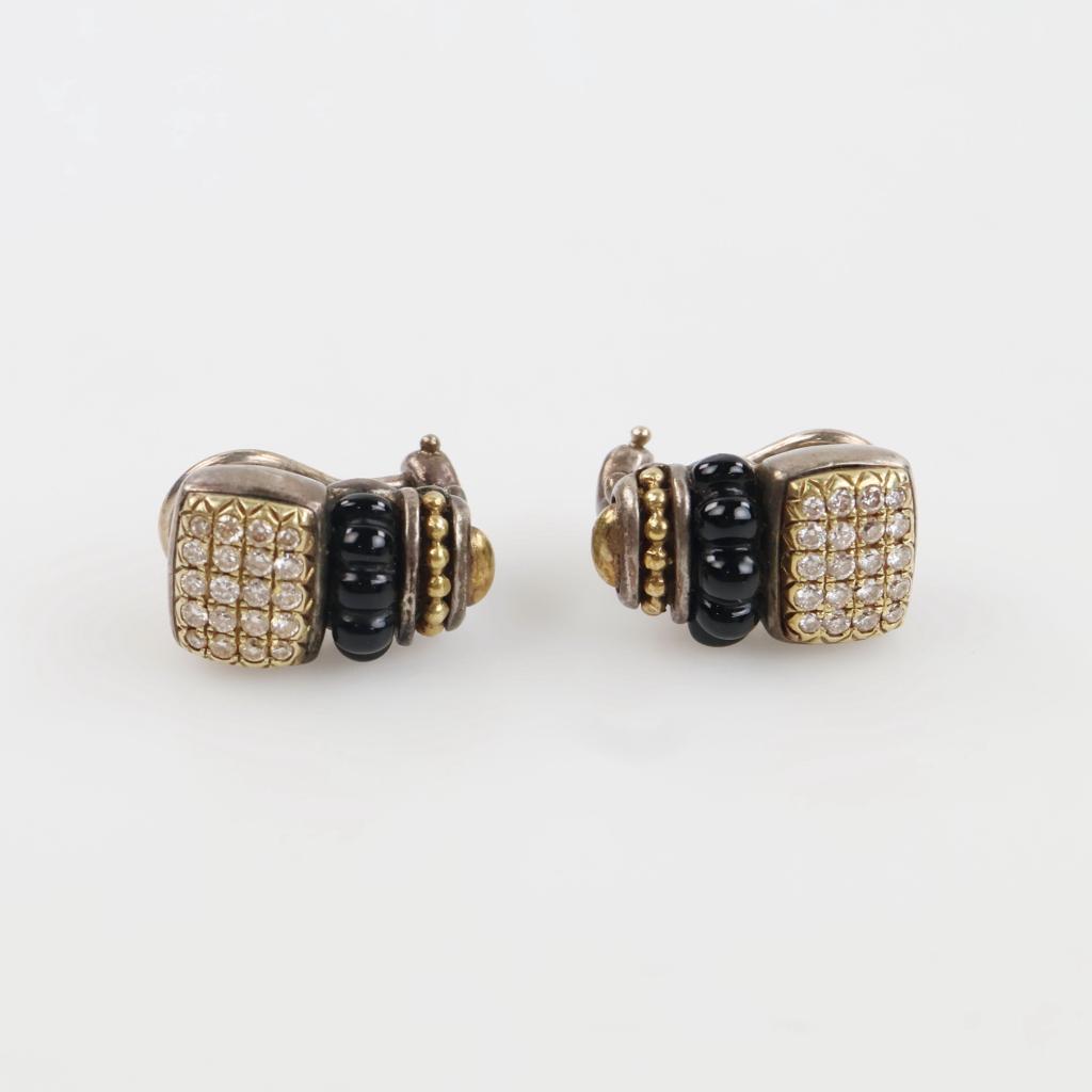 Sterling Silver Gold Accent Diamond & Black Stone Earrings