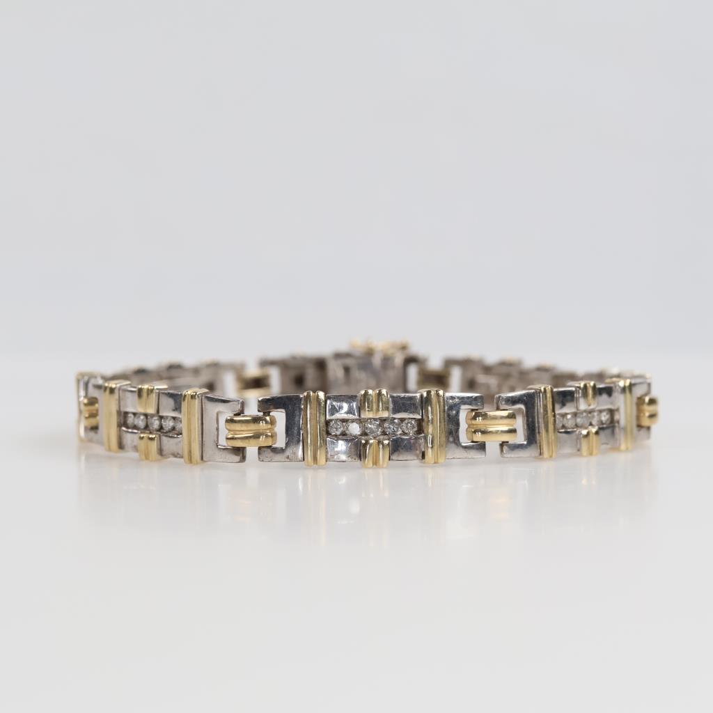 Sterling Silver Gold Accent Diamond  Pannel Bracelet