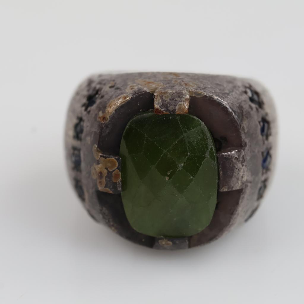 Sterling Silver Green Quartz & Blue Sapphire Ring