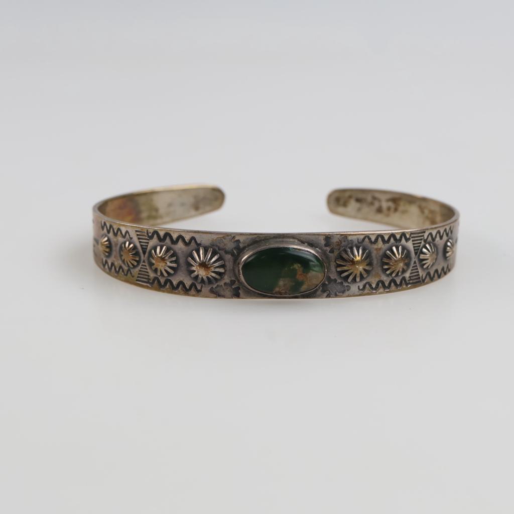 Sterling Silver Green Stone Stamped Cuff Bracelet