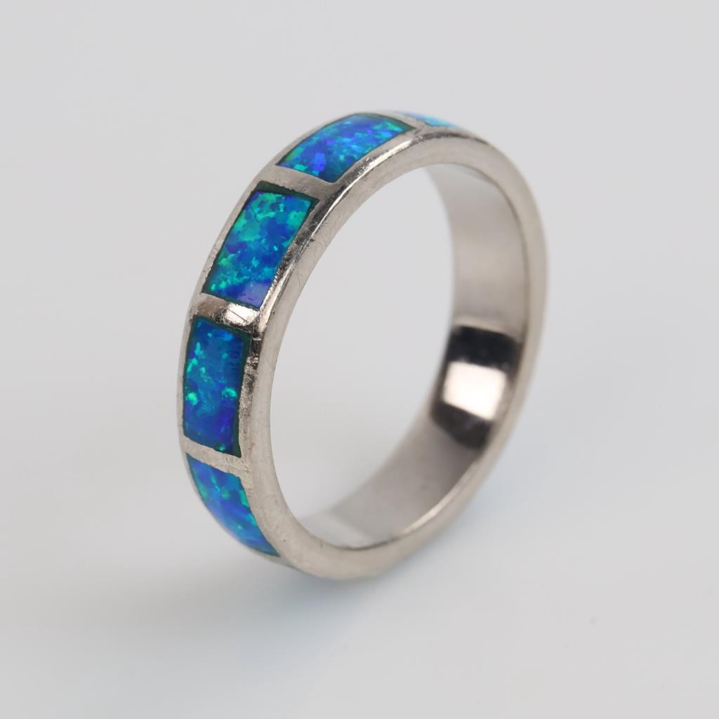 Sterling Silver Iridescent Blue Stone Inlay Band
